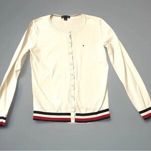 Tommy Hilfiger Women’s White Cardigan With Red & Blue Stripes